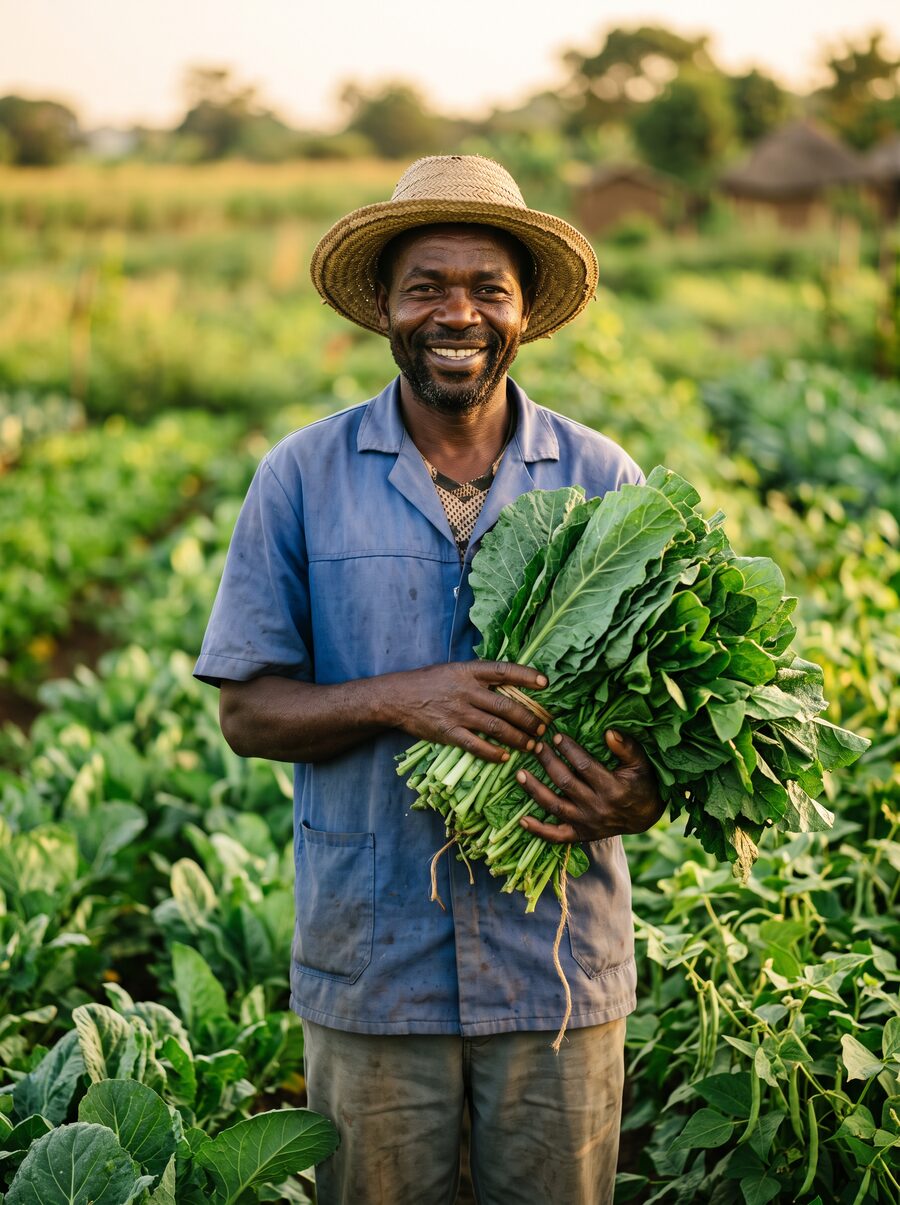 African farmer holding fresh harvested vegetables