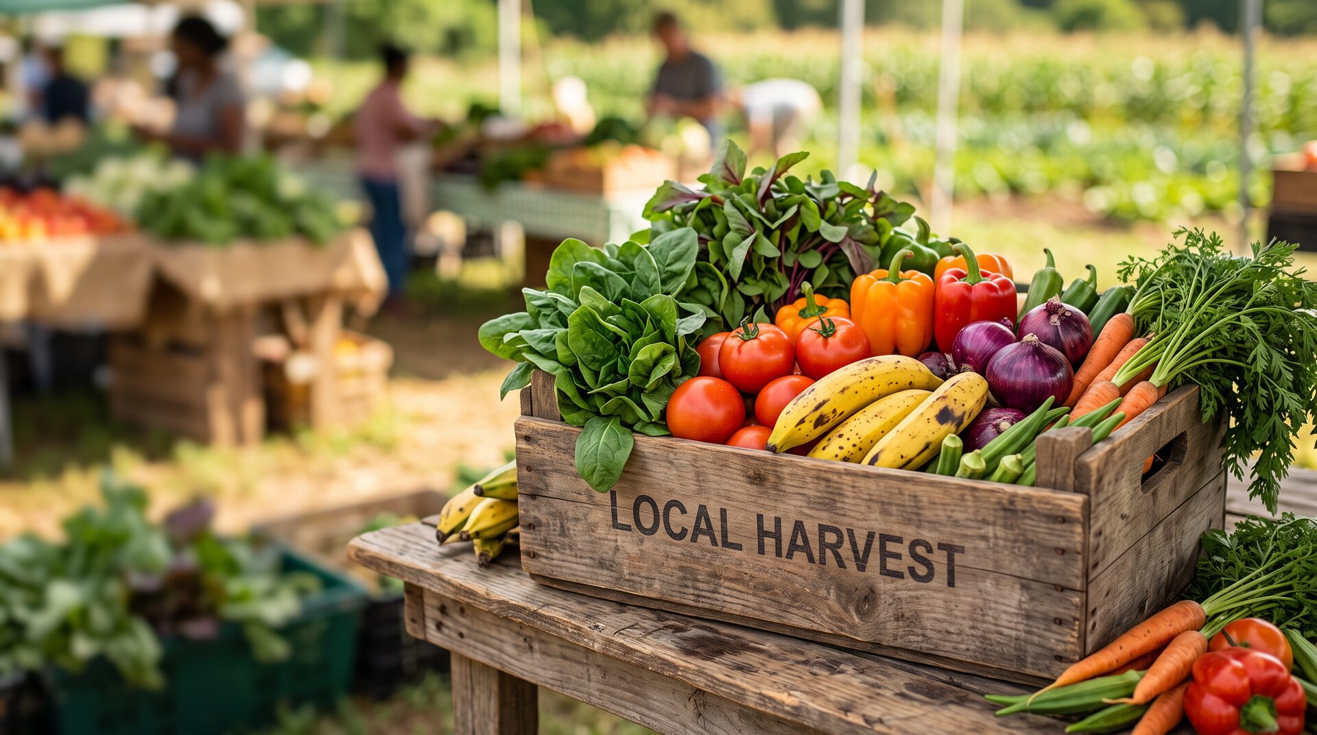 Wooden crate overflowing with fresh African produce